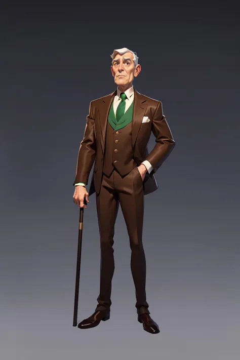 European and American cartoons, exaggerated body shape, original design, cane, solo, 1boy, male focus, old, necktie, jacket, vest, old man, standing, pants, gradient background, holding, holding cane, gradient, full body, formal, shoes, wrinkled skin, grey hair, shirt, brown pants, old woman, green necktie, brown vest, brown jacket, suit, brown footwear, holding clothes, grey background, looking at viewer, long sleeves<lora:ouka_V3:0.7>