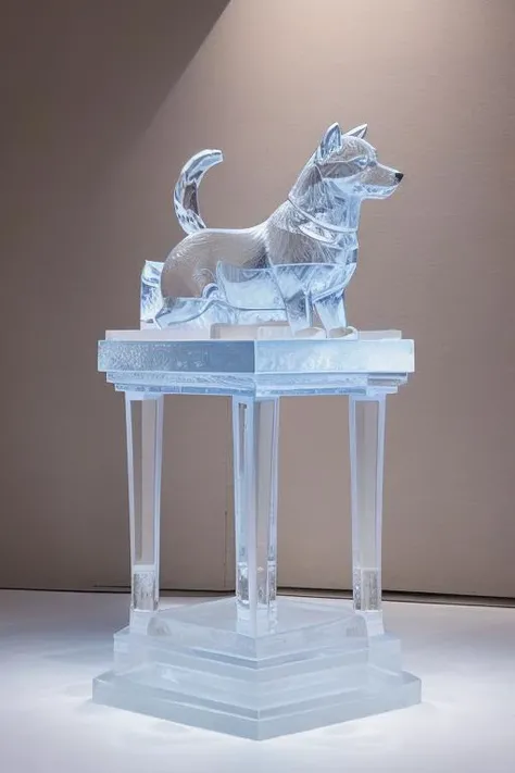 photo of a dog, a dog as a (made_of_ice:1.3), on a pedestal, modelshoot style, photo of the most beautiful artwork in the world, High Detail, Sharp focus,in the middle of a square, full body, (closeup), <lora:made_of_ice:0.5>