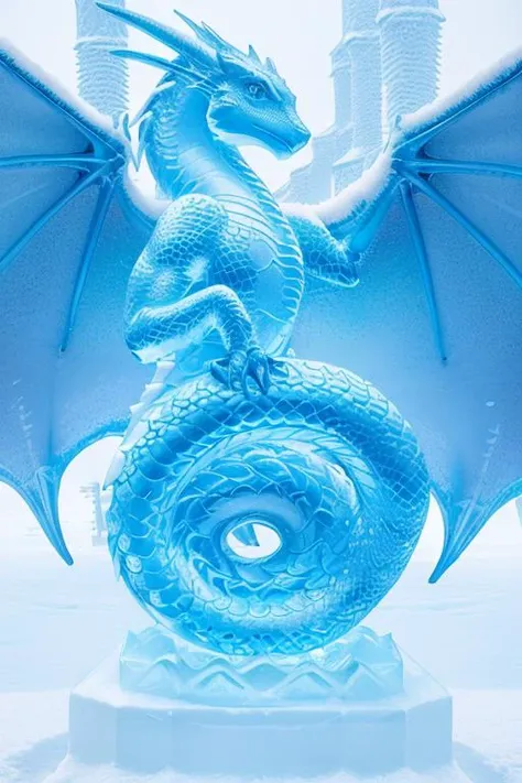 photo of a dragon, a dragon as a (made_of_ice:1.3), on a pedestal, modelshoot style, photo of the most beautiful artwork in the world, High Detail, Sharp focus,(((in the snow))), full body, (closeup), <lora:made_of_ice:0.5>