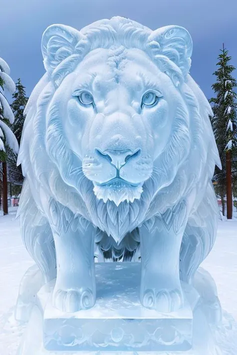photo of a lion, a lion as a (made_of_ice:1.3), on a pedestal, modelshoot style, photo of the most beautiful artwork in the world, High Detail, Sharp focus,(((in the snow))), full body, (closeup), <lora:made_of_ice:0.6>, <lora:betterCuteAsian03:0.3>,
