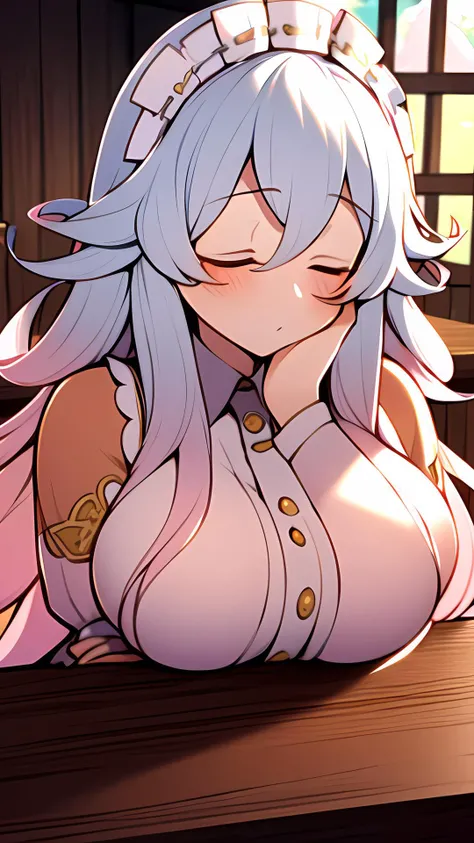 absurdres, highres, asleep at table, slouching, leaning forward, resting on breasts, masterpiece, best quality, 1girl, white hair with pink tips, closed mouth, shirt, large breasts, long hair, solo, <lora:elsje(rune_factory):1.0>, elsje(rune_factory)