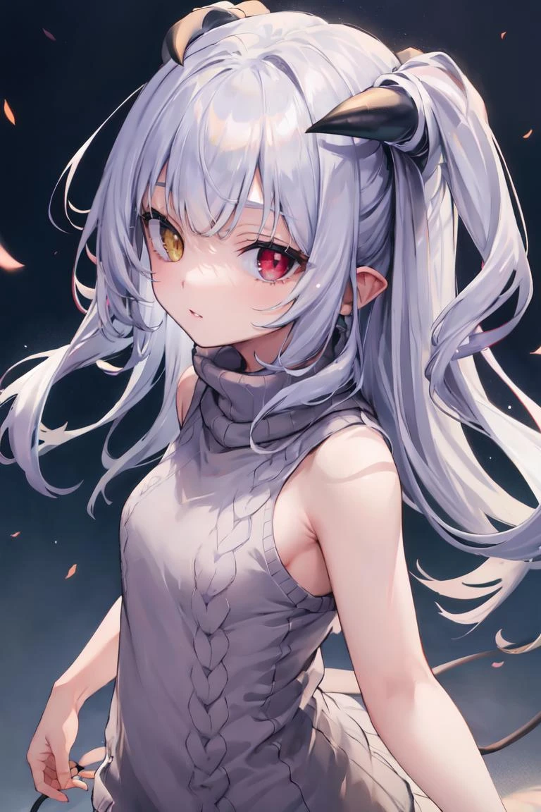 masterpiece, best quality, ultra-detailed, glistening shiny, glowing light, ray tracing, HDR, deph of field, (perfect face, detailed face), <lora:ChloeLilithStella:0.8>, chloelilith, demon girl, demon horns, two side up, heterochromia, small breasts, sweater dress, rigged sweater, turtleneck, from behind, cowboy shot, bare arms