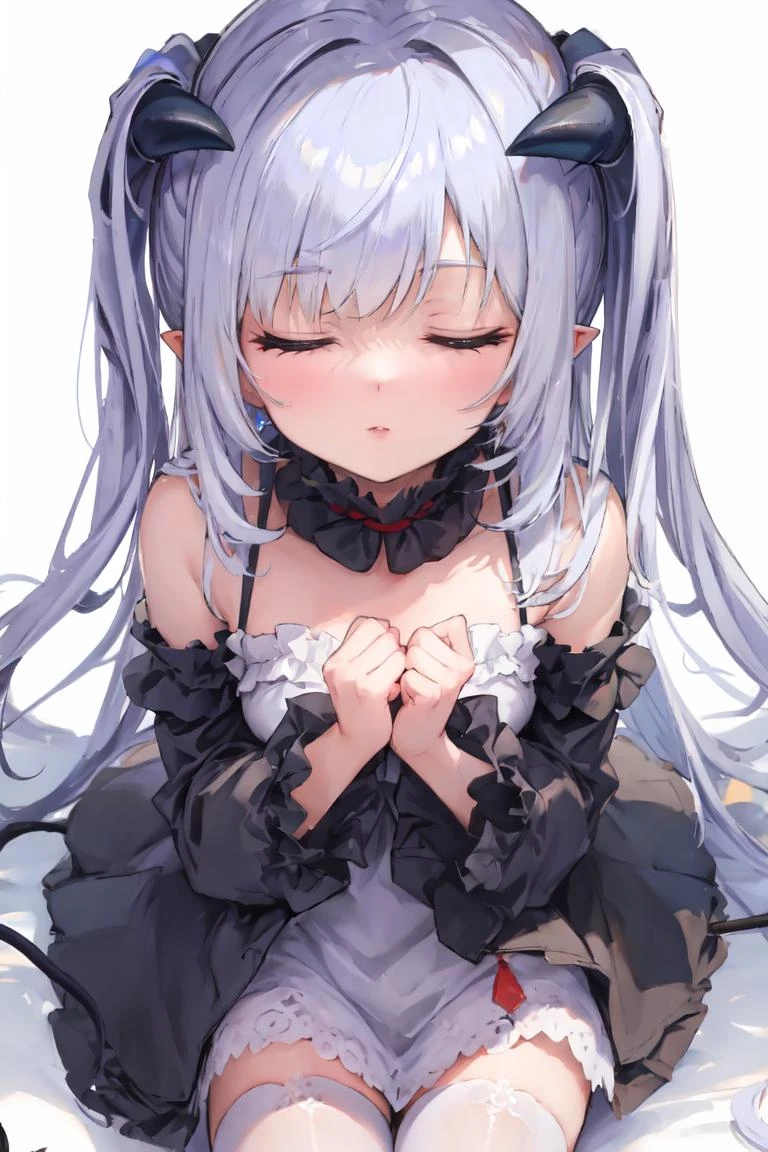 masterpiece, best quality, ultra-detailed, glistening shiny, glowing light, ray tracing, HDR, deph of field, (perfect face, detailed face), <lora:ChloeLilithStella:0.8>, chloelilith, demon girl, pointy ears, demon horns, two side up, long hair, closed eyes, flat chest, black dress, white shirt, frills, frilled collar, bare shoulers, white thighhighs, detached sleeves, black bow, <lora:incoming_kiss:1>, incoming kiss