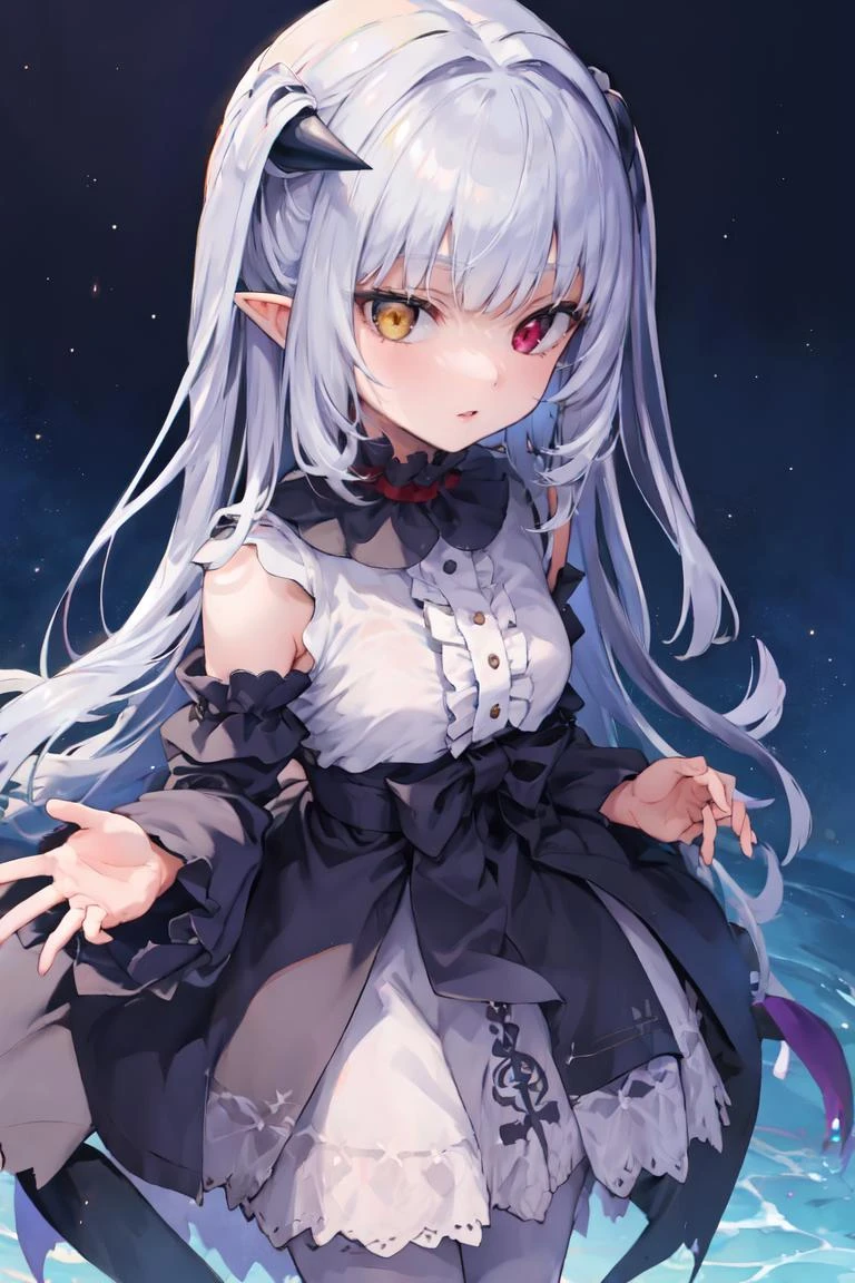 masterpiece, best quality, ultra-detailed, glistening shiny, glowing light, ray tracing, HDR, deph of field, (perfect face, detailed face), 1girl, solo, <lora:ChloeLilithStella:1>, chloelilith, flat chest, pointy ears, demon girl, heterochromia, black dress, white shirt, frills, frilled collar, detached sleeves, white pantyhose, standing