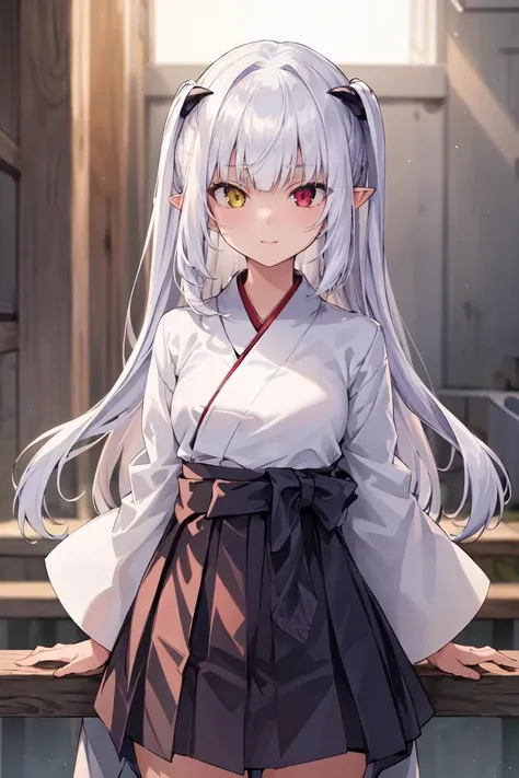 masterpiece, best quality, ultra-detailed, glistening shiny, glowing light, ray tracing, HDR, deph of field, (perfect face, detailed face), 1girl, solo, <lora:ChloeLilithStella:0.7>, chloelilith, pointy ears, demon girl, heterochromia, miko, hakama skirt, standing, cowboy shot