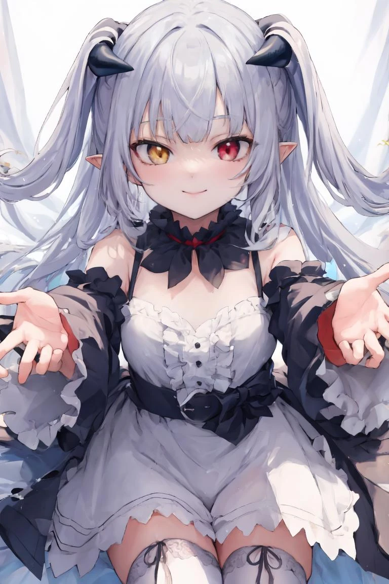 masterpiece, best quality, ultra-detailed, glistening shiny, glowing light, ray tracing, HDR, deph of field, (perfect face, detailed face), <lora:ChloeLilithStella:0.8>, chloelilith, smile,demon girl, pointy ears, demon horns, two side up, long hair, heterochromia, flat chest, black dress, white shirt, frills, frilled collar, bare shoulers, white thighhighs, detached sleeves, black bow, <lora:incominghugAlpha16:1>, incoming hug