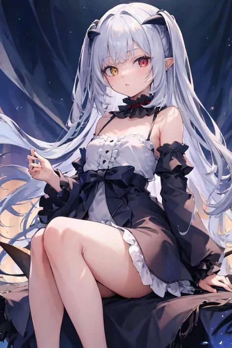 masterpiece, best quality, ultra-detailed, glistening shiny, glowing light, ray tracing, HDR, deph of field, (perfect face, detailed face),  chloelilith, demon girl, pointy ears, demon horns, two side up, long hair,heterochromia, flat chest, black dress, white shirt, frills, frilled collar, bare shoulers, detached sleeves, black bow, sitting, feet, nude