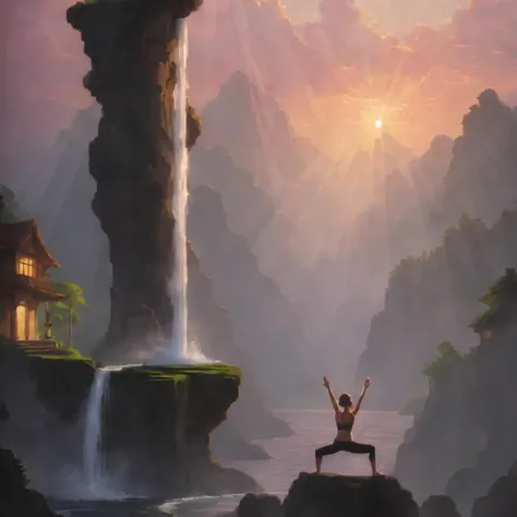 Tibetan monk meditating between the legs of a dark black skin full naked curvy powerful feminine nude woman posing on a standing yoga daylight landscape