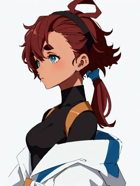 <lora:sulelo:0.7:NP> sulelo 1girl 17years old dark turquoise eyes (round_eyes) (darkbrown thick eyebrows) hikimayu rounded eyelashes, small breasts skindantation (huge ahoge) (black big hairb) hairline (half slicked back hairstyle) (hair pulled back) asymmetrical bangs darkbrown hair short hair big hair messy hair fripped hair, shaggy hair hairy hair (low ponytail square knot) dark_skin, darkred bodysuit white jumpsuit