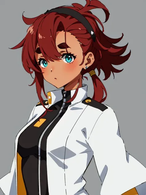 <lora:sulelo:0.7:NP> sulelo 1girl 17years old dark turquoise eyes (round_eyes) (darkbrown thick eyebrows) hikimayu rounded eyelashes, small breasts skindantation (huge ahoge) (black big hairb) hairline (half slicked back hairstyle) (hair pulled back) asymmetrical bangs darkbrown hair short hair big hair messy hair fripped hair, shaggy hair hairy hair (low ponytail square knot) dark_skin, darkred bodysuit white jumpsuit