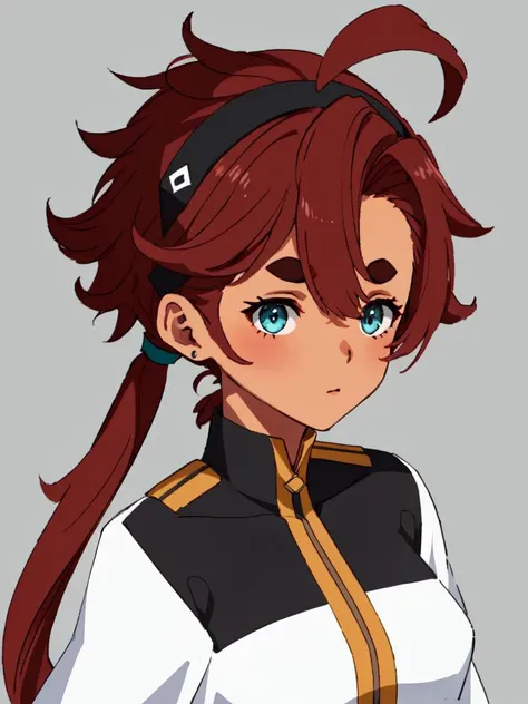<lora:sulelo:0.7:NP> sulelo 1girl 17years old dark turquoise eyes (round_eyes) (darkbrown thick eyebrows) hikimayu rounded eyelashes, small breasts skindantation (huge ahoge) (black big hairb) hairline (half slicked back hairstyle) (hair pulled back) asymmetrical bangs darkbrown hair short hair big hair messy hair fripped hair, shaggy hair hairy hair (low ponytail square knot) dark_skin, darkred bodysuit white jumpsuit