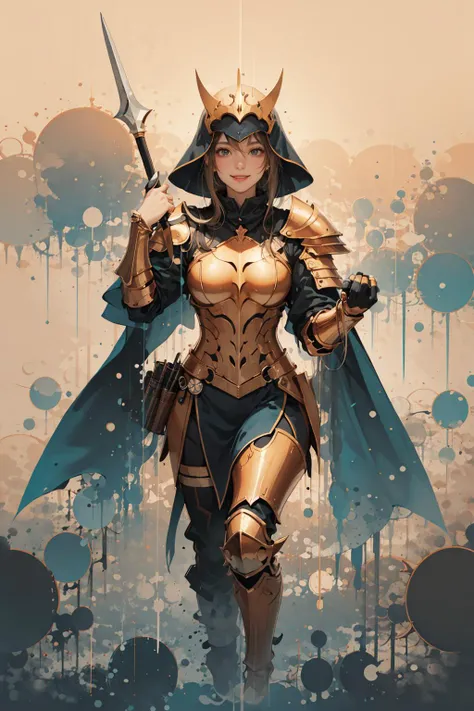 <lora:Sy3:1> close up, portrait, knight, female wearing gold armor, light smile, sy3 art style, polearm