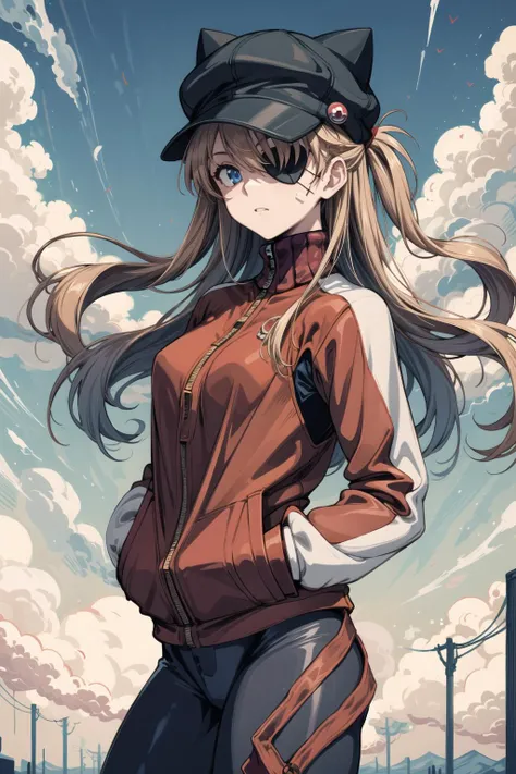 (masterpiece, best quality, detailed), 1girl, solo, outdoors, blue sky, cowboy shot,
souryuu asuka langley, red jacket, bodysuit under clothes, cat hat, eyepatch, hands in pockets, (tape) <lora:AsukaLangleySouryuuV2-000015:1> <lora:more_details:0.5> <lora:Sy3:0.6>
