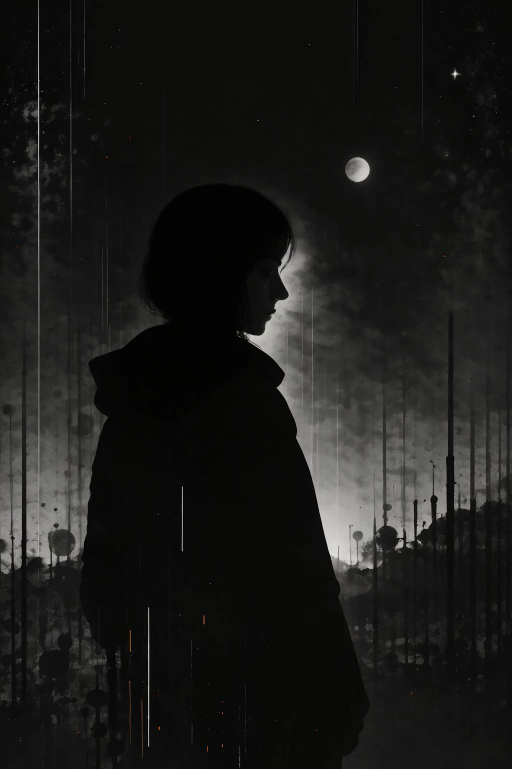 in the style of sy3, moody modern Photograph of a italian woman is stargazing in thoughts with background outside at night, Moody Light, Greyscale, <lora:Sy3:1.1>