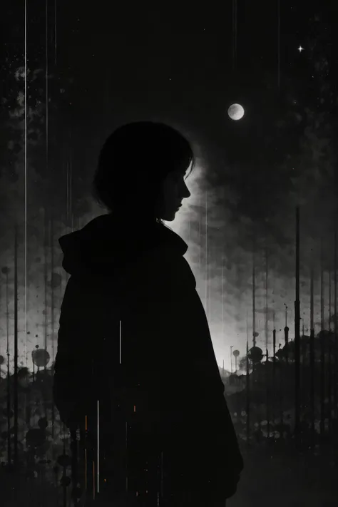 in the style of sy3, moody modern Photograph of a italian woman is stargazing in thoughts with background outside at night, Moody Light, Greyscale, <lora:Sy3:1.1>