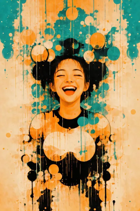 in the style of sy3, Abstract photo, upper body photo of 24 years old Victoria, abstract expressionism style, a happy woman surrounded by vibrant, swirling colors, radiant smile, eyes filled with joy and laughter, eyes closed, emotions splashed across the canvas, a burst of positivity and happiness, <lora:Sy3:1.1>