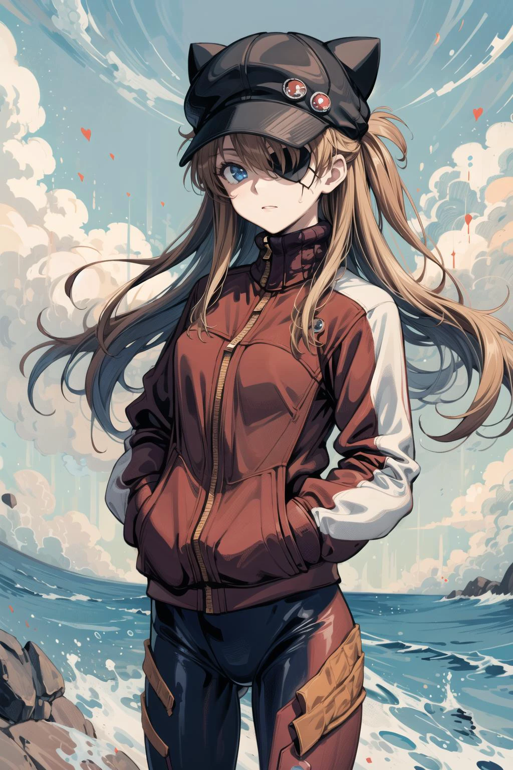 (masterpiece, best quality, detailed), 1girl, solo, outdoors, blue sky, cowboy shot,
souryuu asuka langley, red jacket, bodysuit under clothes, cat hat, eyepatch, hands in pockets, (tape) <lora:AsukaLangleySouryuuV2-000015:1> <lora:more_details:0.5> <lora:Sy3:0.7>