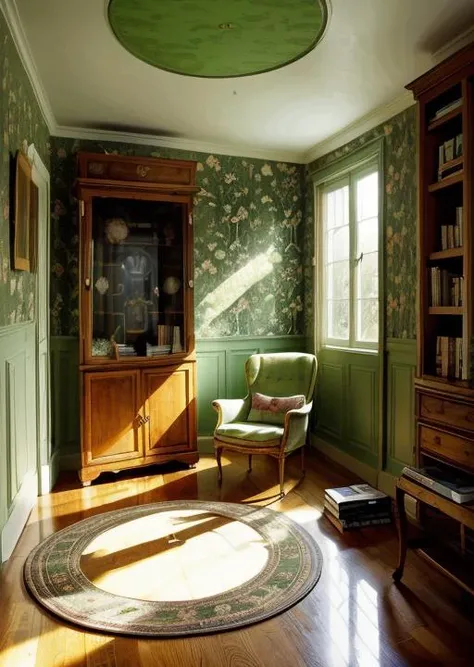 room, wooden floor, French window, table, bookcase, armchair, round carpet,Playboy magazines are scattered on the carpet, green wallpaper,sunlight, reflection, soft shadows, soft light, high quality, realism <lora:Sy3:1>