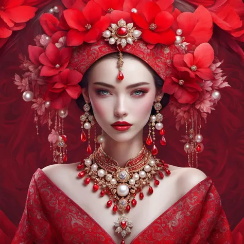 <lora:woman in red>,hn,1girl,solo,red theme,jewelry,looking at viewer,gem,upper body,hair ornament,makeup,flower,earrings,red lips,lips,closed mouth,grey eyes,realistic,pearl \(gemstone\),