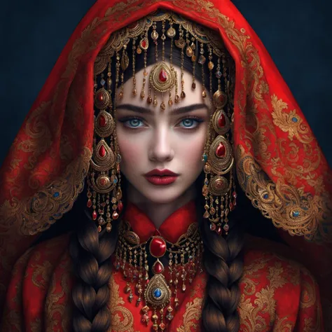 <lora:woman in red>,hn,1girl,solo,veil,blue eyes,looking at viewer,red lips,jewelry,black background,long hair,braid,necklace,portrait,simple background,makeup,brown hair,gem,realistic,lips,closed mouth,head chain,upper body,lipstick,gold,dark background,multiple braids,