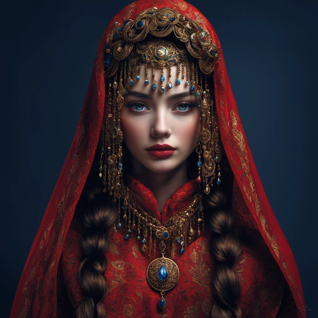 <lora:woman in red>,hn,1girl,solo,veil,blue eyes,looking at viewer,red lips,black background,long hair,braid,necklace,portrait,simple background,brown hair,gem,realistic,lips,closed mouth,head chain,upper body,lipstick,gold,dark background,multiple braids,