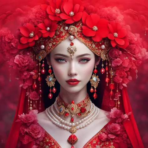 <lora:woman in red>,hn,1girl,solo,red theme,jewelry,looking at viewer,gem,upper body,hair ornament,makeup,flower,earrings,red lips,lips,closed mouth,grey eyes,realistic,pearl \(gemstone\),