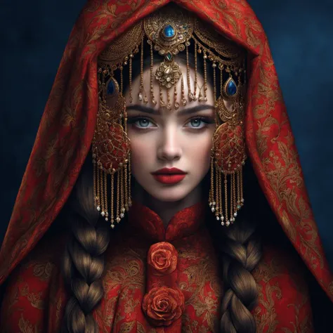 <lora:woman in red>,hn,1girl,solo,veil,blue eyes,looking at viewer,red lips,jewelry,black background,long hair,braid,necklace,portrait,simple background,makeup,brown hair,gem,realistic,lips,closed mouth,head chain,upper body,lipstick,gold,dark background,multiple braids,