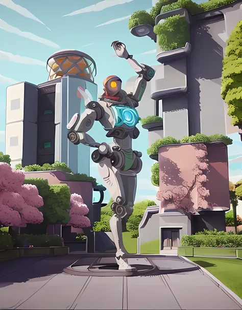 a skin (robot), waving hand, garden and futurist circle building in the background, <lora:ApexLegends_64-000030:1>