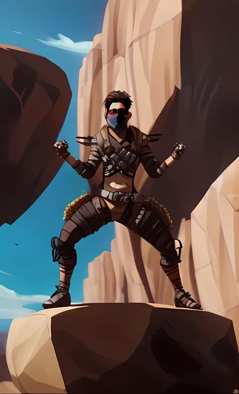 a male character stand on the rock, wear mask, skin, canyon background, <lora:ApexLegends_64-000020:1>