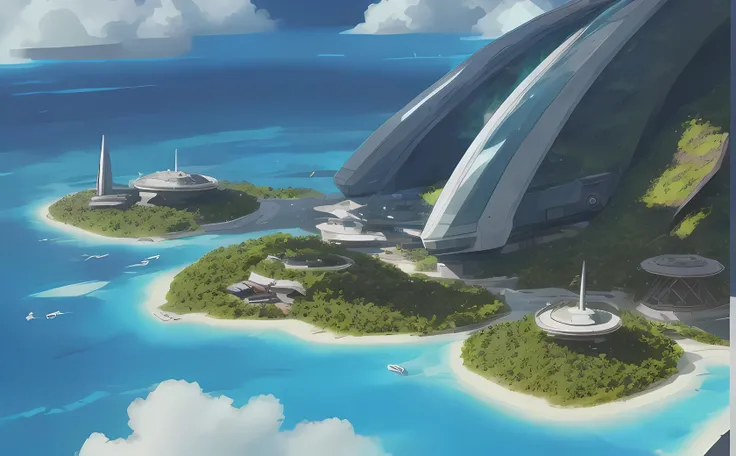 A tropical island, spaceship in the sky, base building, masterpiece, best quality, high quality, 8k wallpaper,ecological landscape ,award winning photography, Depth of Field, HDR ,Photorealistic,extremely detailed, trending on artstation, High Detail, dramatic, <lora:ApexLegends_64-000020:1>