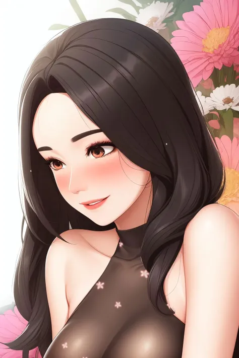 <lora:milfkitchen_style_v01:1>, portrait, solo, 1girl, looking to the side, smile, blush, medium breasts, glitter particles, Spider_Mums \(flower\), floral background