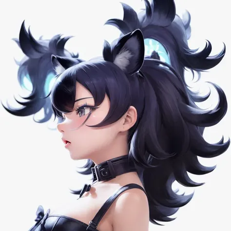 cerberus \(kemono friends\), facing sideways, side view, upper body, elbows, 1girl, solo, white background, dynamic pose