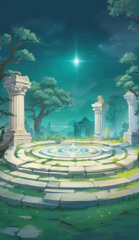 dipan,no humans, sky, scenery, dipan,no humans, tree, scenery, star (sky), sky, grass, pillar, outdoors, stairs, starry sky, night, magic circle, night sky, column, birdï¼center composition<lora:game dipan_20231028105647:0.7>, (illustration:1.0), masterpiece, best quality,