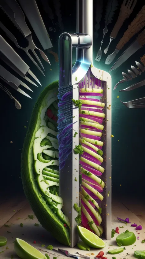 <lora:ScienceDNAStyle:1>ScienceDNAStyle a chef's knife slicing through a vegetable, the cross-section revealing a cityscape, (Masterpiece:1.3) (best quality:1.2) (high quality:1.1)