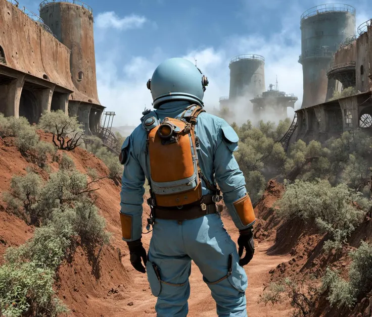 breathtaking scifi, (1 man portrait fullbody adventurous explorer,:1.3) looking at  epic mars  desert planetary  metal fortress base, weary dusty blue spacesuit style overall, stains,  hydraulic vault gates, huge rusty corroded eroded fuel pipes leaking murky slimy fluid, dusty cables, architecture overcome with fungi, toxic water pond, overgrown blue vines, grit, old weary texture,cloudy sky, mist
 <lora:Overgrown-SDXL-b:1> <lora:BarnumAtelier-SDXLa:1> <lora:Grit-SDXL:1> <lora:Cloudify-SDXL:0.15> dim light sunset, (in background spaceship landing:1.1) . award-winning, professional, highly detailed