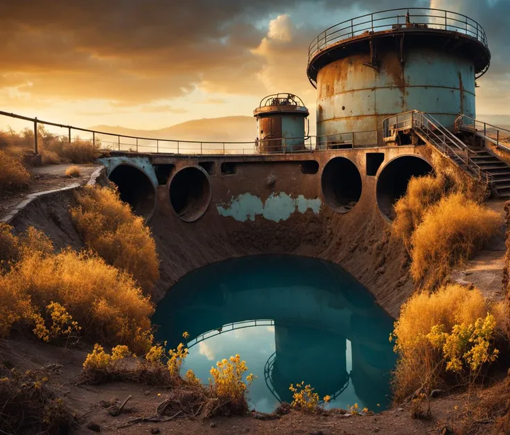 cinematic film still breathtaking scifi, (1 man portrait fullbody adventurous explorer,:1.3) looking at epic mars desert planetary metal fortress base, weary dusty blue spacesuit style overall, stains, BREAK hydraulic vault gates, huge rusty corroded eroded fuel pipes leaking murky slimy fluid, dusty cables, architecture overcome with fungi, toxic water pond, overgrown blue vines, grit, old weary texture,(yellow cloudy sky:1.2), mist
<lora:Overgrown-SDXL-b:0.7> <lora:BarnumAtelier-SDXLa:0.5> <lora:Grit-SDXL:1> <lora:Cloudify-SDXL:0.1> dim light sunset, (in background spaceship landing:1.1) . award-winning, professional, highly detailed . shallow depth of field, vignette, highly detailed, high budget Hollywood movie, bokeh, cinemascope, moody, epic, gorgeous, film grain, grainy