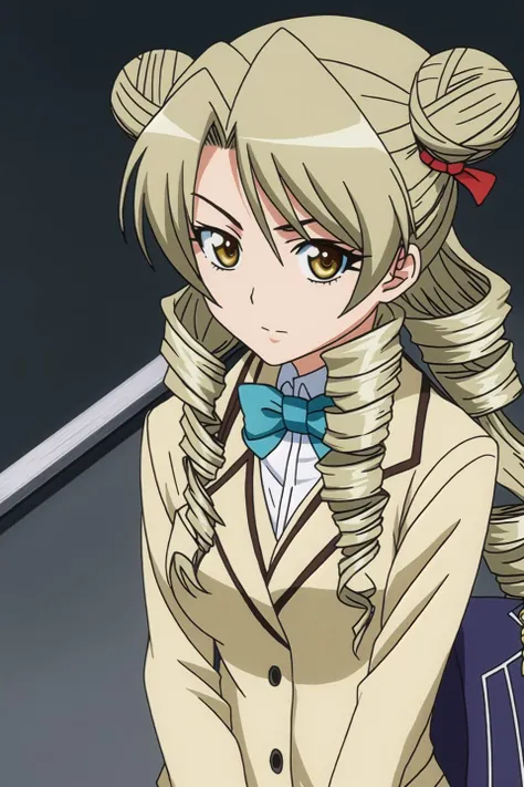 saki, anime art style, 1girl, solo, long_hair, looking_at_viewer, blonde_hair, bow, brown_eyes, school_uniform, jacket, bowtie, hair_bun, double_bun, drill_hair, blazer