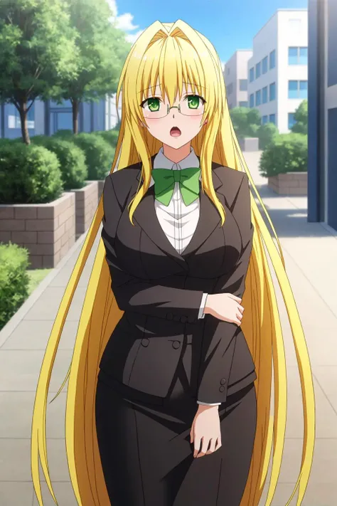 tearju, anime art style, 1girl, solo, long_hair, breasts, open_mouth, blonde_hair, large_breasts, very_long_hair, green_eyes, glasses, formal, suit