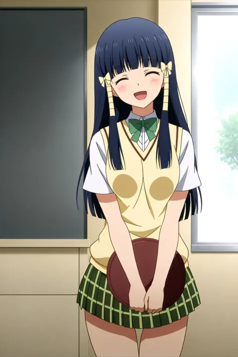 oshizu, anime art style, 1girl, solo, long_hair, smile, open_mouth, skirt, black_hair, bow, ribbon, school_uniform, closed_eyes, hair_ribbon, :d, pleated_skirt, plaid, ^_^, plaid_skirt, thigh_gap, tray, sweater_vest