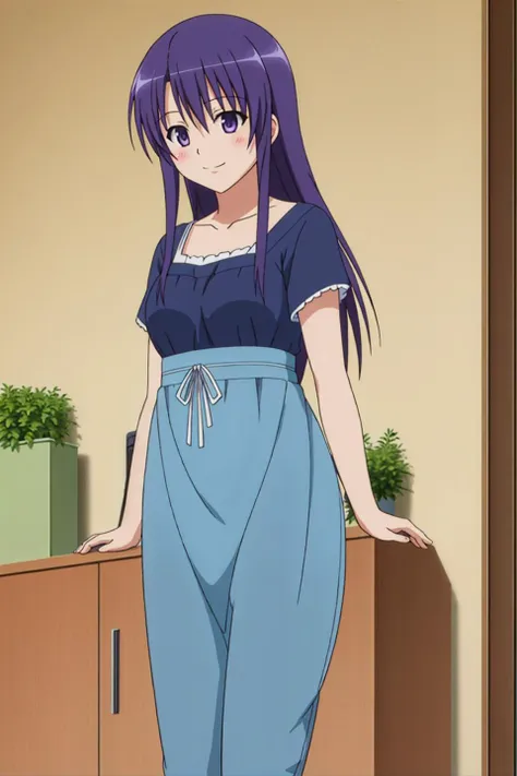akiho, anime art style, 1girl, solo, long_hair, blush, smile, blue_hair, purple_eyes, collarbone, purple_hair, short_sleeves, pants, indoors, apron, plant, jeans