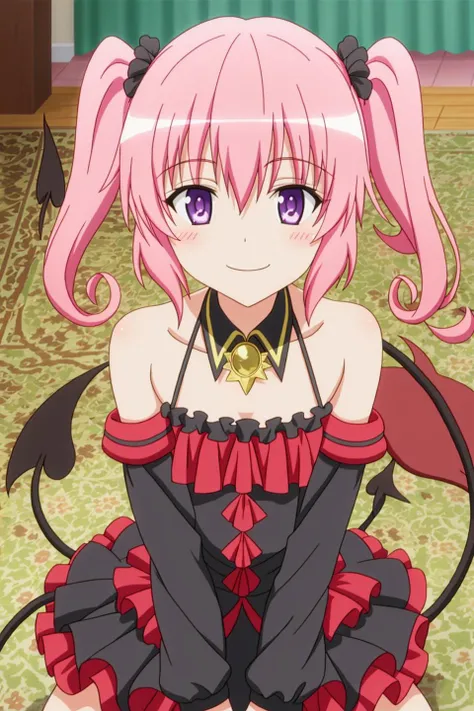 nana, anime art style, 1girl, solo, long_hair, looking_at_viewer, smile, dress, bare_shoulders, twintails, purple_eyes, tail, pink_hair, detached_sleeves, flat_chest, demon_tail