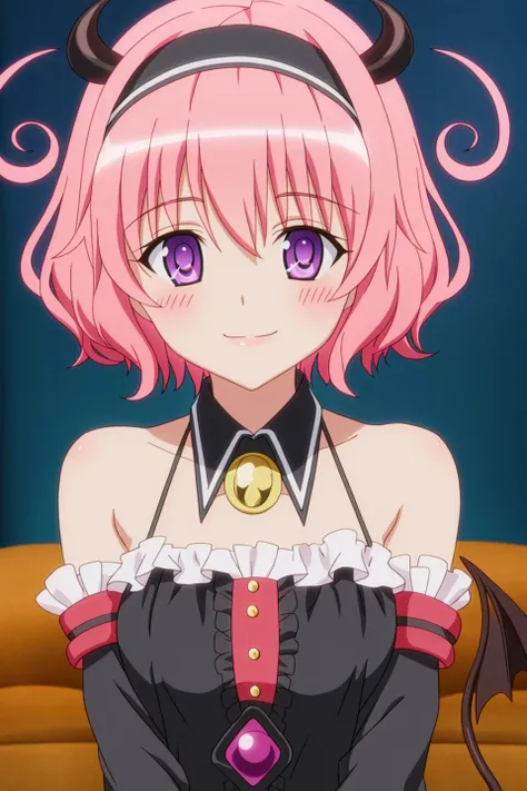 momo, anime art style, 1girl, solo, looking_at_viewer, smile, short_hair, bare_shoulders, purple_eyes, tail, pink_hair, hairband, detached_sleeves, demon_tail