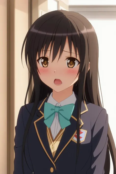 yui, anime art style, 1girl, solo, long_hair, blush, open_mouth, black_hair, bow, brown_eyes, school_uniform, jacket, blazer