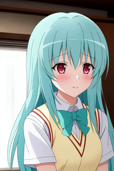 run, anime art style, 1girl, solo, long_hair, blush, red_eyes, bow, school_uniform, purple_eyes, upper_body, short_sleeves, aqua_hair, sweater_vest