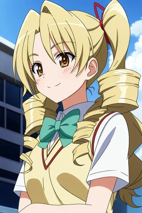 saki, anime art style, 1girl, solo, long_hair, smile, blonde_hair, shirt, bow, ribbon, brown_eyes, closed_mouth, school_uniform, upper_body, short_sleeves, bowtie, drill_hair, sweater_vest