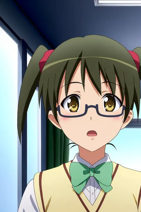mio, anime art style, 1girl, solo, open_mouth, black_hair, bow, twintails, brown_eyes, school_uniform, yellow_eyes, green_hair, glasses, bowtie, sweater_vest
