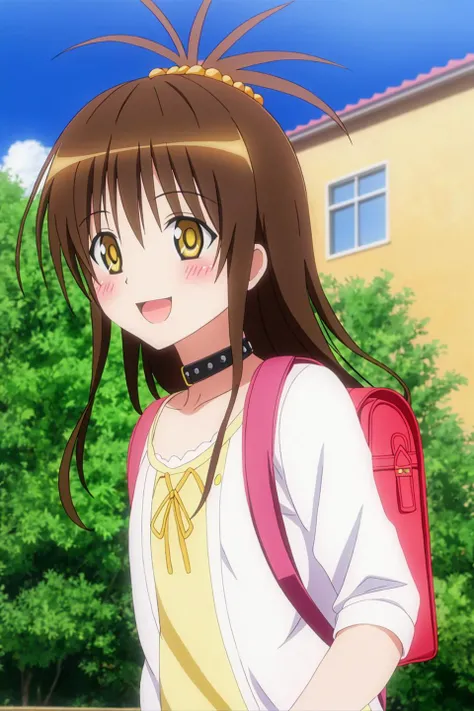 mikan, anime art style, 1girl, solo, long_hair, blush, smile, open_mouth, brown_hair, yellow_eyes, choker, bag, backpack, randoseru