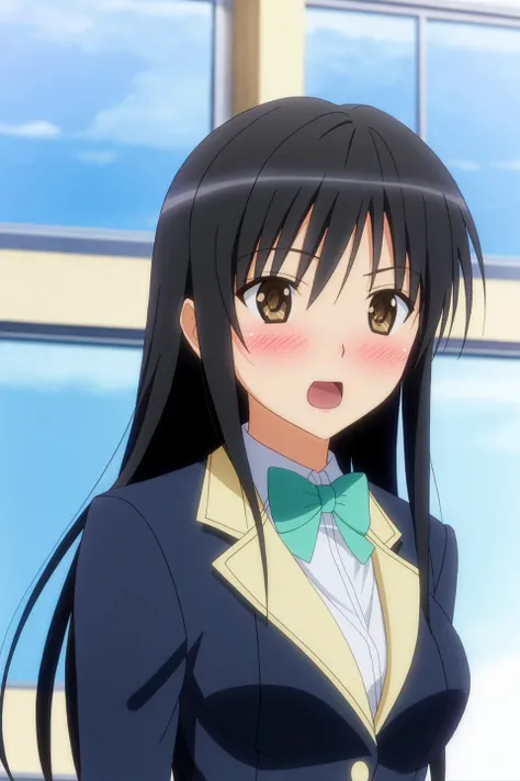 yui, anime art style, 1girl, solo, long_hair, blush, open_mouth, black_hair, bow, brown_eyes, school_uniform, jacket, blazer