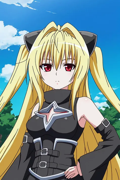 yami, anime art style, 1girl, solo, long_hair, looking_at_viewer, blonde_hair, red_eyes, bare_shoulders, very_long_hair, detached_sleeves, sky, day, cloud, two_side_up, clothing_cutout, parody