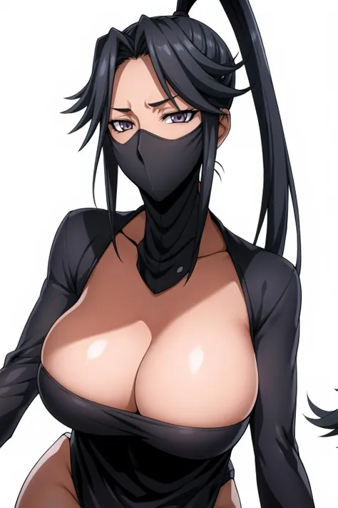 Simple White Background,
Black Outfit,collarbone, cleavage, long sleeves, mouth mask, 
<lora:Goryuu_TriageX-KK77-V1:0.7>,Ninja,
black eyes, black hair,bangs,Long_hair,ponytail, 
<lora:Oda_Non_Style-KK77-V2:0.3>,<lora:more_details:0.1>,
1 girl, 20yo,Young female,Beautiful Finger,Beautiful long legs,Beautiful body,
Beautiful Nose,Beautiful character design, perfect eyes, perfect face,expressive eyes,perfect balance,
looking at viewer,(Focus on her face),closed mouth, (innocent_big_eyes:1.0),(Light_Smile:0.3),
official art,extremely detailed CG unity 8k wallpaper, perfect lighting,Colorful, Bright_Front_face_Lighting,White skin,
(masterpiece:1.0),(best_quality:1.0), ultra high res,4K,ultra-detailed,
photography, 8K, HDR, highres, absurdres:1.2, Kodak portra 400, film grain, blurry background, bokeh:1.2, lens flare, (vibrant_color:1.2),professional photograph,
(Beautiful,large_Breasts:1.4), (beautiful_face:1.5),(narrow_waist),